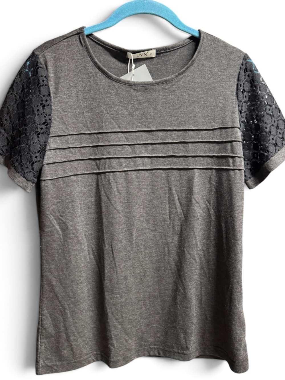 UVN Gray Top Black Lace Sleeves Women's Dressy Casual Blouse NWT Small